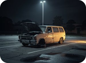 Неисправный автомобиль стоит у дороги ночью